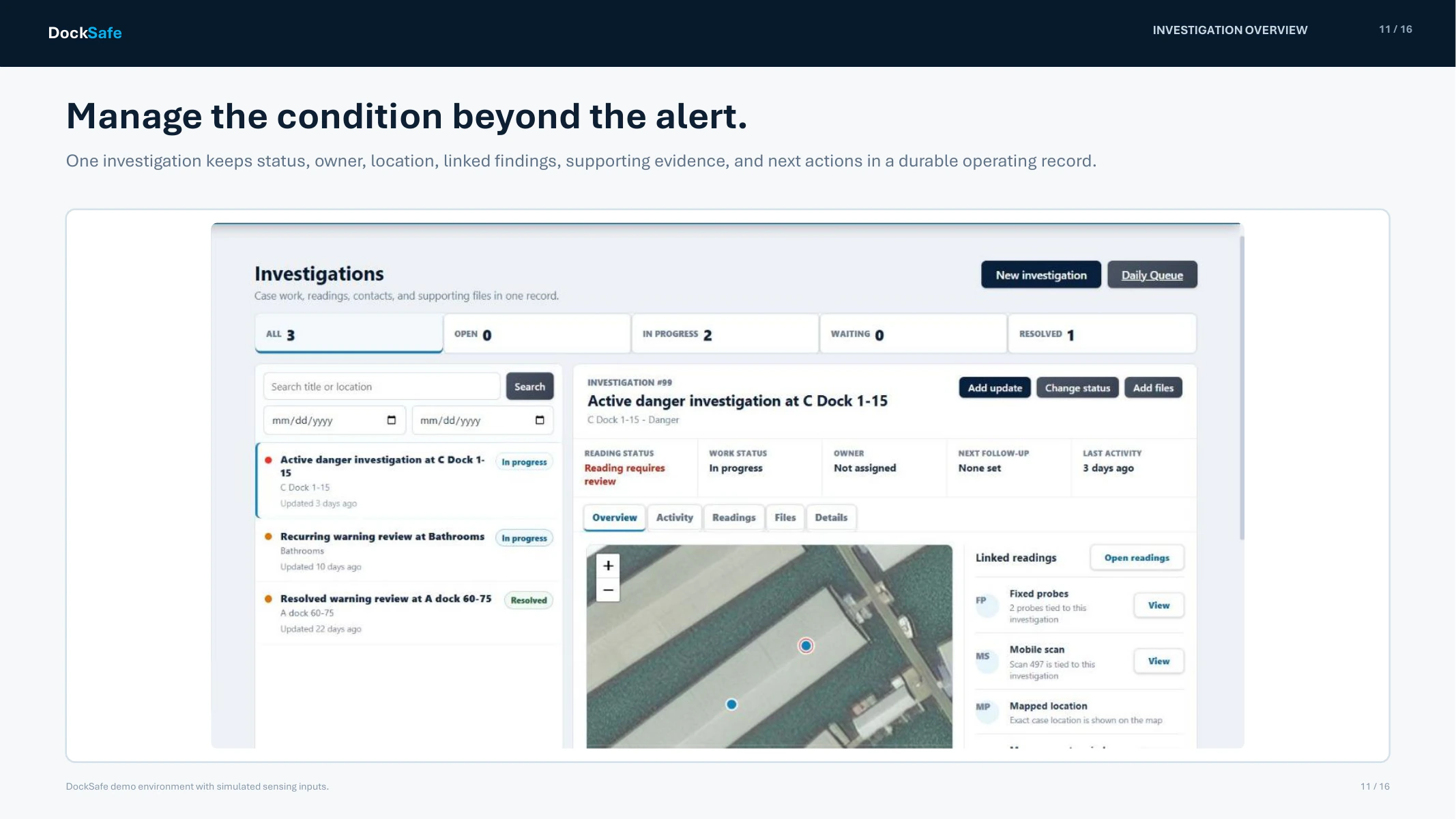 DockSafe platform walkthrough showing an investigation record with status, ownership, linked findings, evidence, and next actions