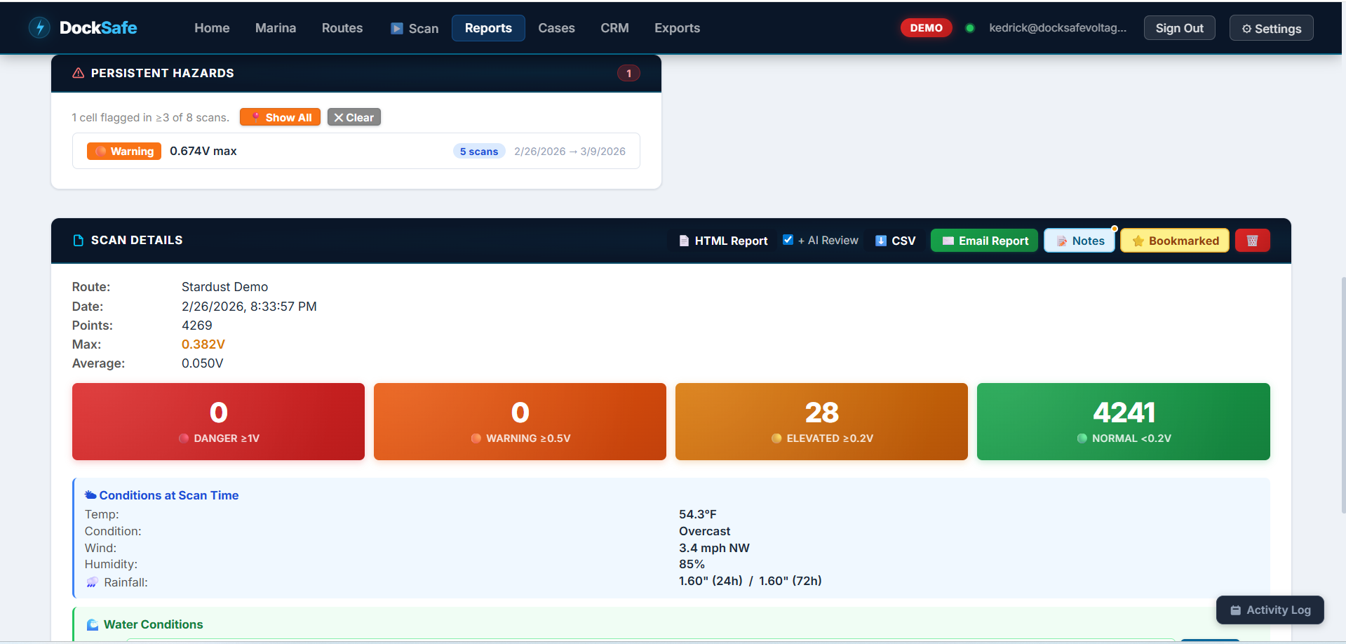 DockSafe scan detail page showing readings, persistent hazards, and report export options including HTML, CSV, and email.